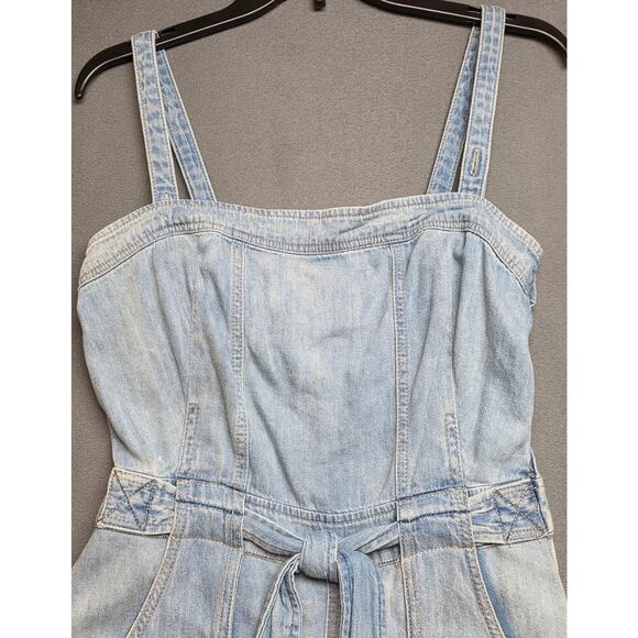 Free People Womens Small Blue Jean Denim Jumpsuit Romper Pockets Belt Go West - Picture 3 of 16